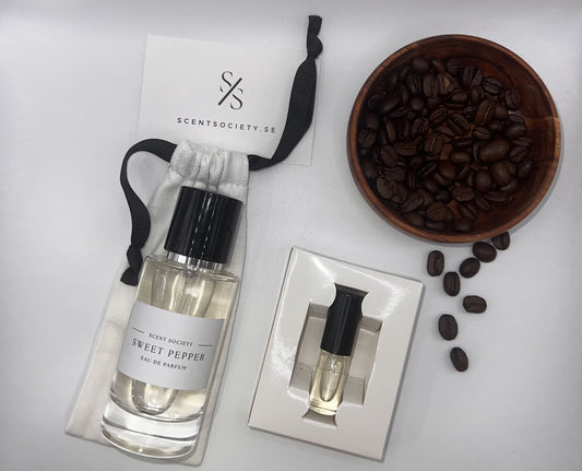 Perfume bottle and gift set with coffee beans representing rich cherry and spicy notes of Sweet Pepper fragrance by ScentSociety